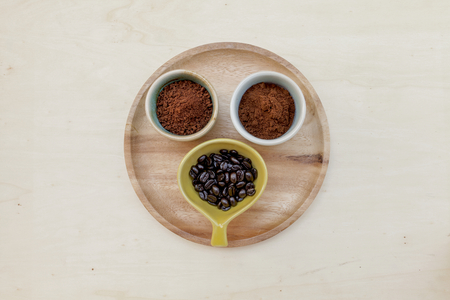 Coffee selections on wooden plateの写真素材