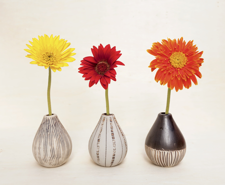 Colorful daisy flower in ceramic vase on wood backgroundの写真素材