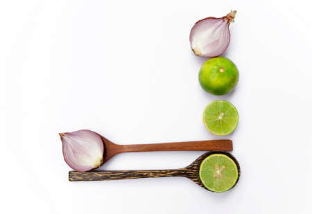 Fresh thai lime and red onion background conceptの写真素材
