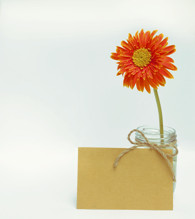 Vintage tone background yellow card with orange flowerの写真素材