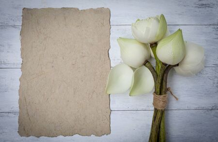 Blank brown paper with white lotus flowerの写真素材