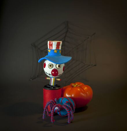 The wooden bozo ghost with spider, halloween conceptの写真素材