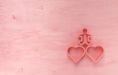 Abstract background of vintage red tone wood table with heartsの写真素材