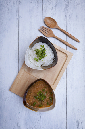 White noodle with Thai style spicy soupの写真素材