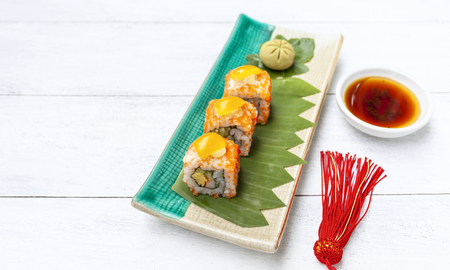 Japanese style sushi with space on wood floorの写真素材