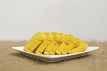 Pumpkin bread on white plate, selective focusの写真素材