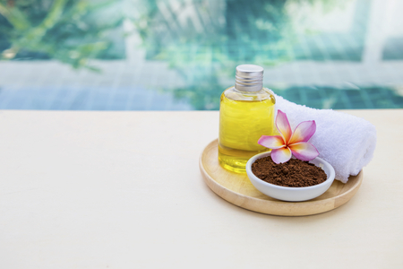 Spa concept background, Spa set over blurred swimming pool backgroundの写真素材