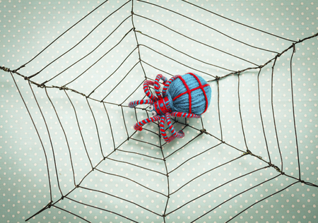 Blue wool spider on spider web over vintage fabric texture background, Halloween conceptの写真素材