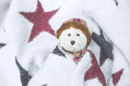 Blurred winter concept of white teddy bear in design blanket with star patternの写真素材