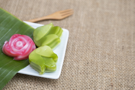 Design Color Thai style layer cake on banana leafの写真素材