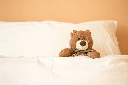 Cute brown teddy bear in bed with space on orange wall background, bed time