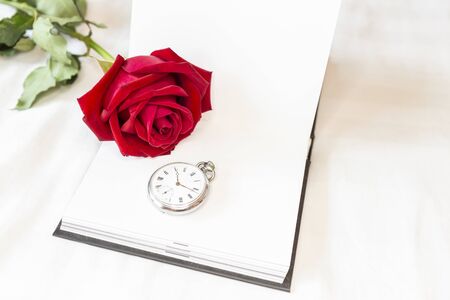 Red rose with vintage watch on blank white notebook with space on white sheet background, valentine concept, beautiful timeの写真素材