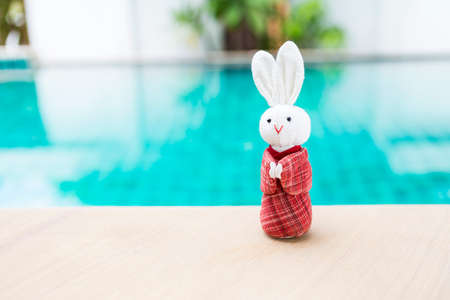 Cute little white fabric rabbit in red traditional Japanese dress over blurred blue water background, outdoor day lightの写真素材
