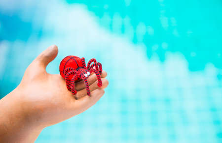 Red yarn spider in clay hand over blurred blue water background, outdoor day light, happy halloween concept backgroundの写真素材
