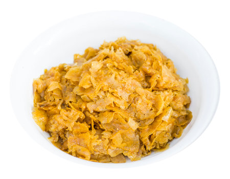 Hot and sour, grilled buff salad, Traditional northern Thai style food, grill buffalo skin spicy...