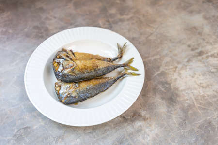 Fried mackerel fish on white ceramic plate with space on grey cement floor texture background, healthy food, easy cooking fish dishの写真素材