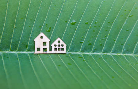 Small wooden house symbol on fresh green leaf background, eco house concept, environmental backgroundの写真素材