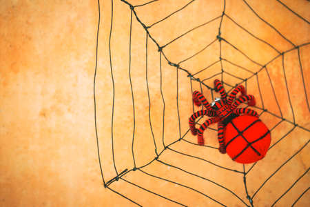 Red and black wool spider on blurred orange wall background, halloween decorate itemの写真素材