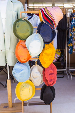 Clorful fabric hat at the market in Thailand, headwear fashionの写真素材