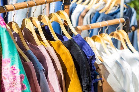 Women cloths at outdoor market in Thailand, women fashion, cloth shopping