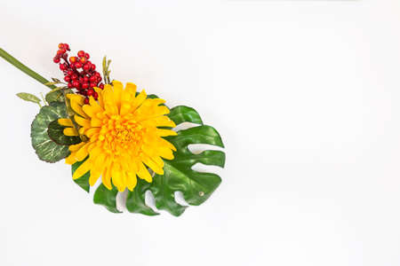 Beautiful artificial flower and green leaf isolate on white background, decoration itemの写真素材
