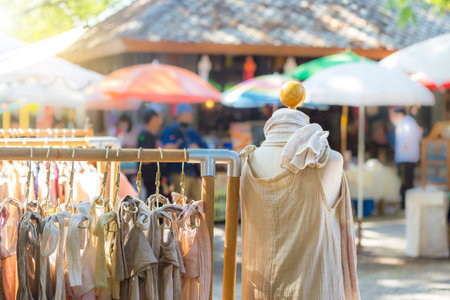 Northern Thai natural color cotton cloth design for sale at outdoor market, handicraft market in Thailand, asian style fashion, women dressの写真素材