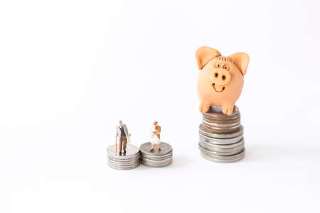 Clay pig on coin stack and miniature elderly man carry grocerry bag and mother with baby on coin stack isolate on white background, expensive meat, retirement savingの写真素材