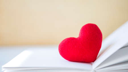 Red heart on book with space on blurred background, valentine day background idea, selective focusの写真素材
