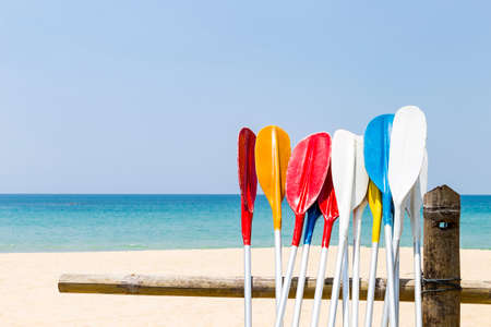 Colorful oars with beach background, water sport, holiday activity at the beach, summer outdoor day...