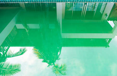 Green pool, water treatment, algae growing in pool water, pool cleaning service, dirty water, tropical poolの写真素材