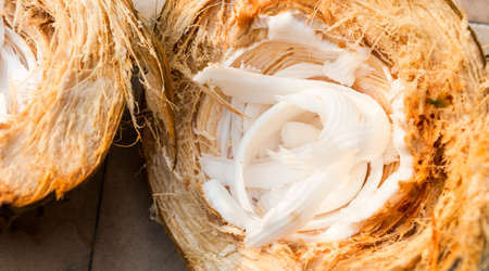 Closeup young coconut meat in coconut shell, healthy diet foodの写真素材
