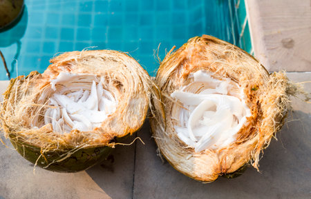 Closeup young coconut meat in coconut shell, healthy diet food