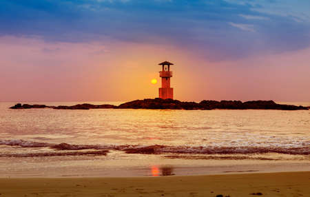 Light house at Nang thong beach in Khao Lak, Phang nga, Thailand, sunset at the beachの写真素材