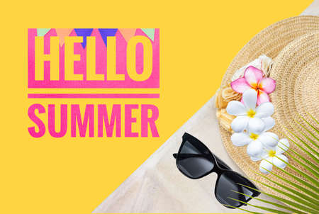 Hellow summer banner on yellow background with hat and sunglasses decoration, welcome summer season poster background ideaの写真素材