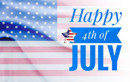 Happy 4th of July banner on waving USA flag background, USA independence day greeting card ideaの写真素材