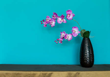 Artificial orchid in black vase with space on blue wall background, house decoration object, interior designの写真素材