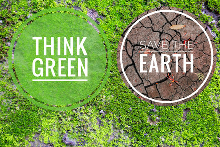 Think green and save the earth logo on Abstract blurred fresh green moss background, environmental...