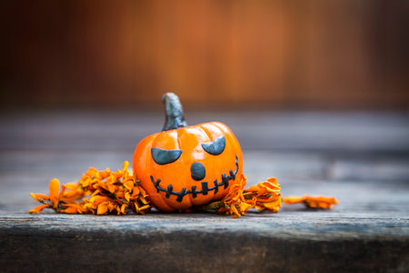 Halloween pumpkin with dry yellow flower over blurred wooden wall background, happy halloween concept background