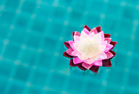 Handmade multicolour ribbon flower floating on blue water, craft idea lotus flower made from plastic ribbonの写真素材
