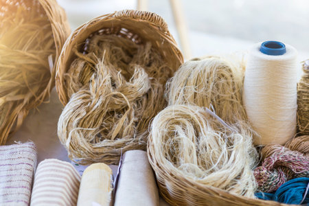 Natural hemp yarn, indio dyed hemp thread, organic hemp product of Thailandの写真素材