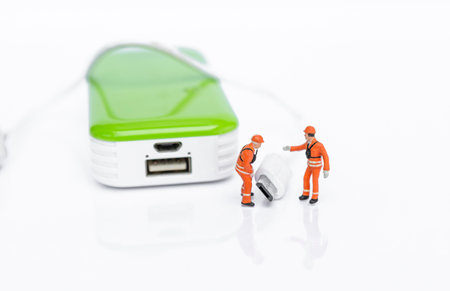 Miniature worker with USB cable and power bank isolate on white background, energy storage,  technology industryの写真素材