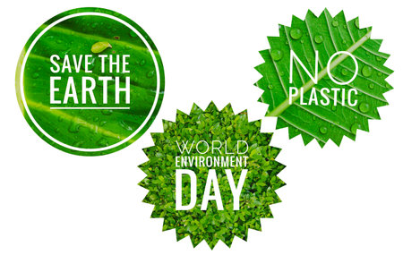 World environment day sticker collections on white background, ecological and environmental logo with green leaf patternの写真素材