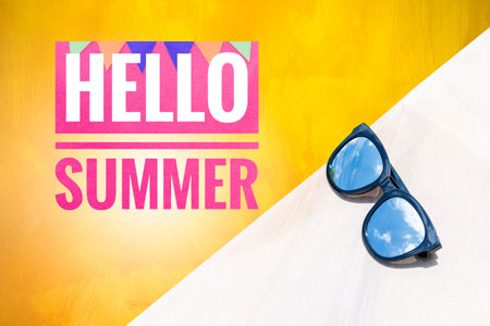 Hello summer banner with sunglasses on yellow texture background, sunglasses fashion, summer season conceptの写真素材
