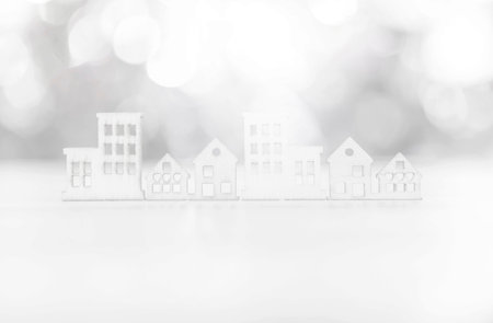 Abstract blurred wooden house craft over bokeh background, home and property businessの写真素材