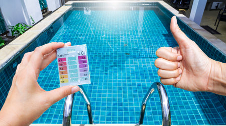 Mini water tester test kit in girl hand over clear swimming pool water, best water quality, pool maintenance, good quality Water testing test kit for swimming poolの写真素材