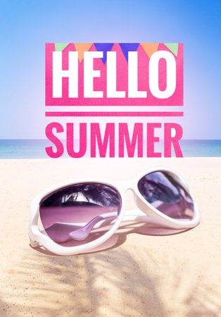 Hello summer banner with sunglasses on tropical beach, vertical style, summer fashion seasonの写真素材