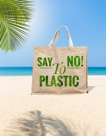 Say no to plastic banner on jute grocery bag on tropical beach background, environmental concept, recycle bagの写真素材