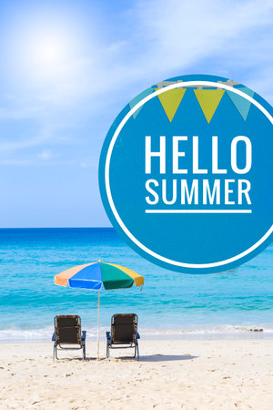 Hello summer banner over tropical beach background, vertical style, summer outdoor day light