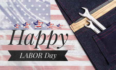 Tools in design pocket tool bag on abstract USA flag background, Labor day concept backgroundの写真素材