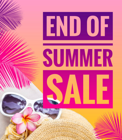 End of summer sale banner with sunglasses and jute hat on pink background, business promotion poster background idea